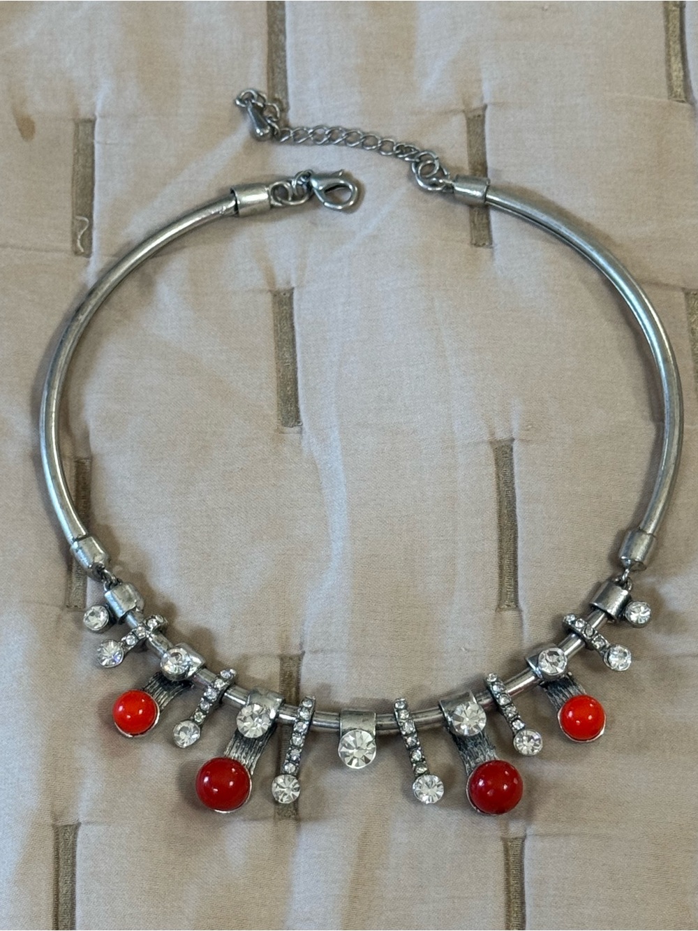 Vintage MCM Silver-tone choker necklace with rhinestones and red beads.